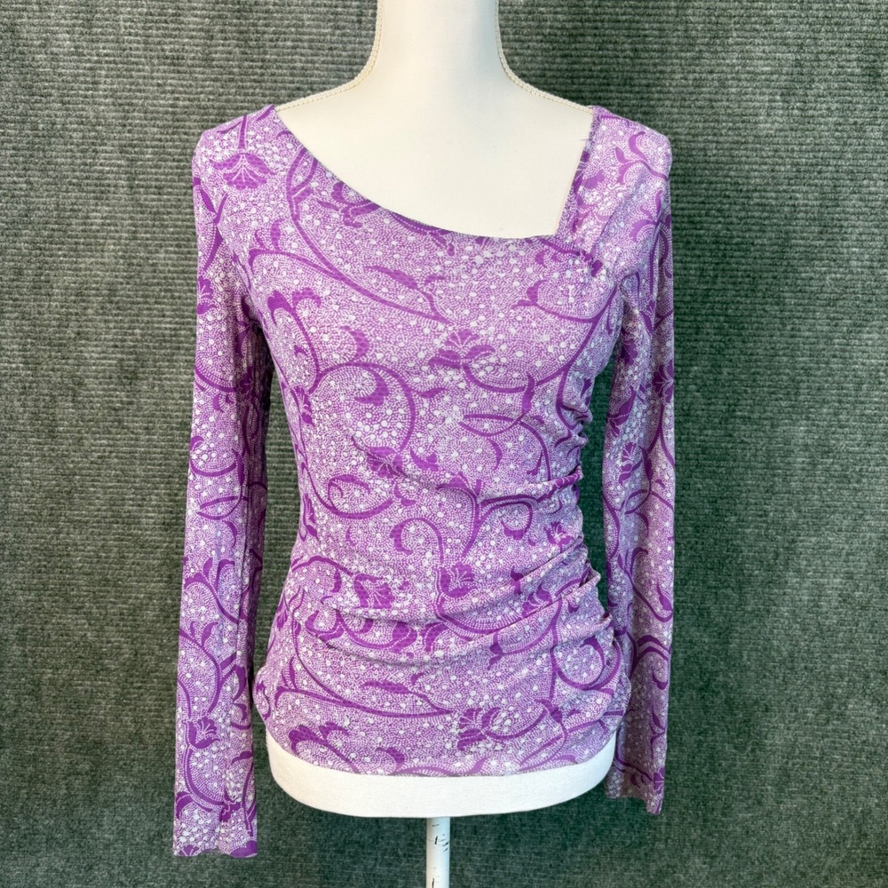 The Limited Purple Abstract Print Ruched Top Womens Medium Y2K Asymmetrical Long - Picture 2 of 5